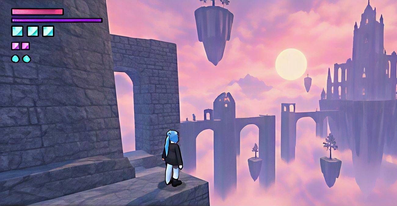Angel Essence gameplay: the hero swinging between orbs under a crimson sky